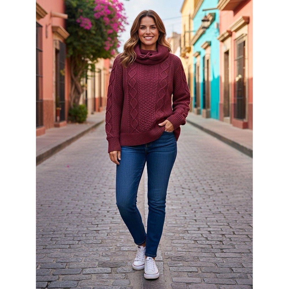 LL Bean Signature Womens Cable Knit Cowl Neck Sweater Burgundy L Pockets